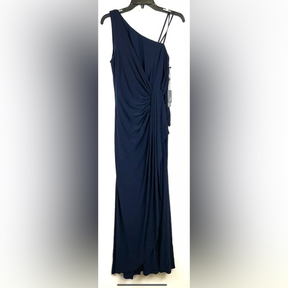 Adrianna Papell Women’s One Shoulder Navy Long Ruched Dress Size 6 - Picture 1 of 4